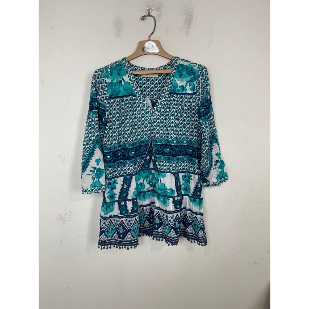 Lola Australia Womens Cotton Floral Geometric Pom Pom Trim Tunic Top Teal‎ Blue